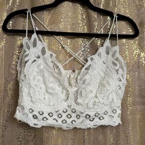 Free People One Adella Longline Bralette White Lace Smocked Large